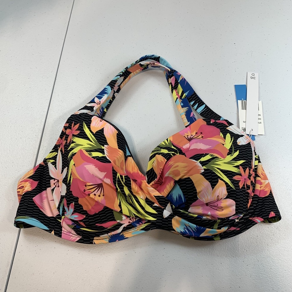 Bleu Rod Beattie Women's Swim Bikini Top 36D Black Floral Tropical Underwire